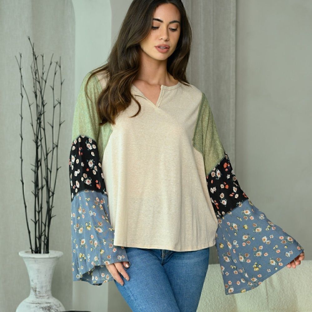 Y2K Pretty Boho Long Bell Print Sleeve V Neck Top Floral Flare